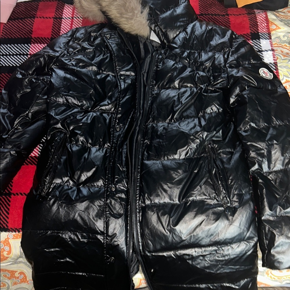 Moncler Shiny Black Puffer Jacket with Fur Hood